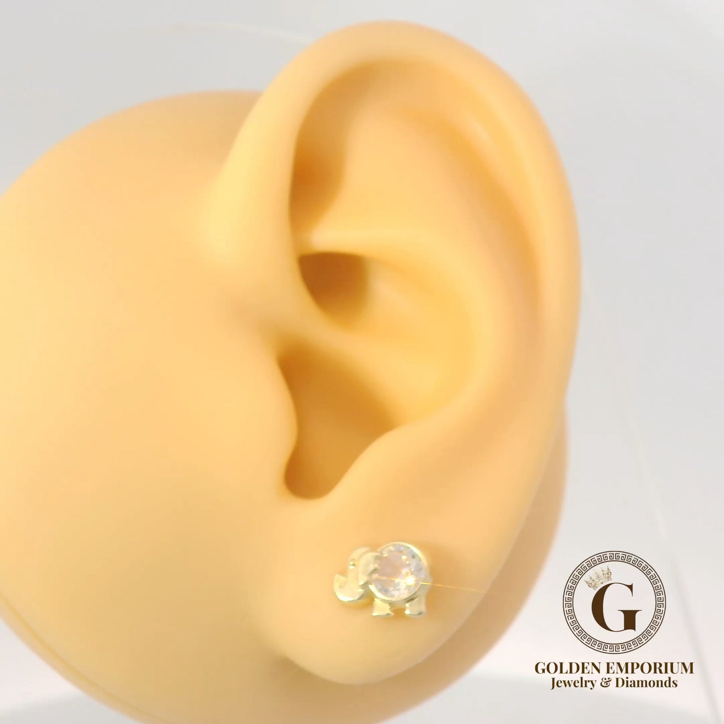 14K Gold Elephant Design Stud Earrings with Sparkling Stone