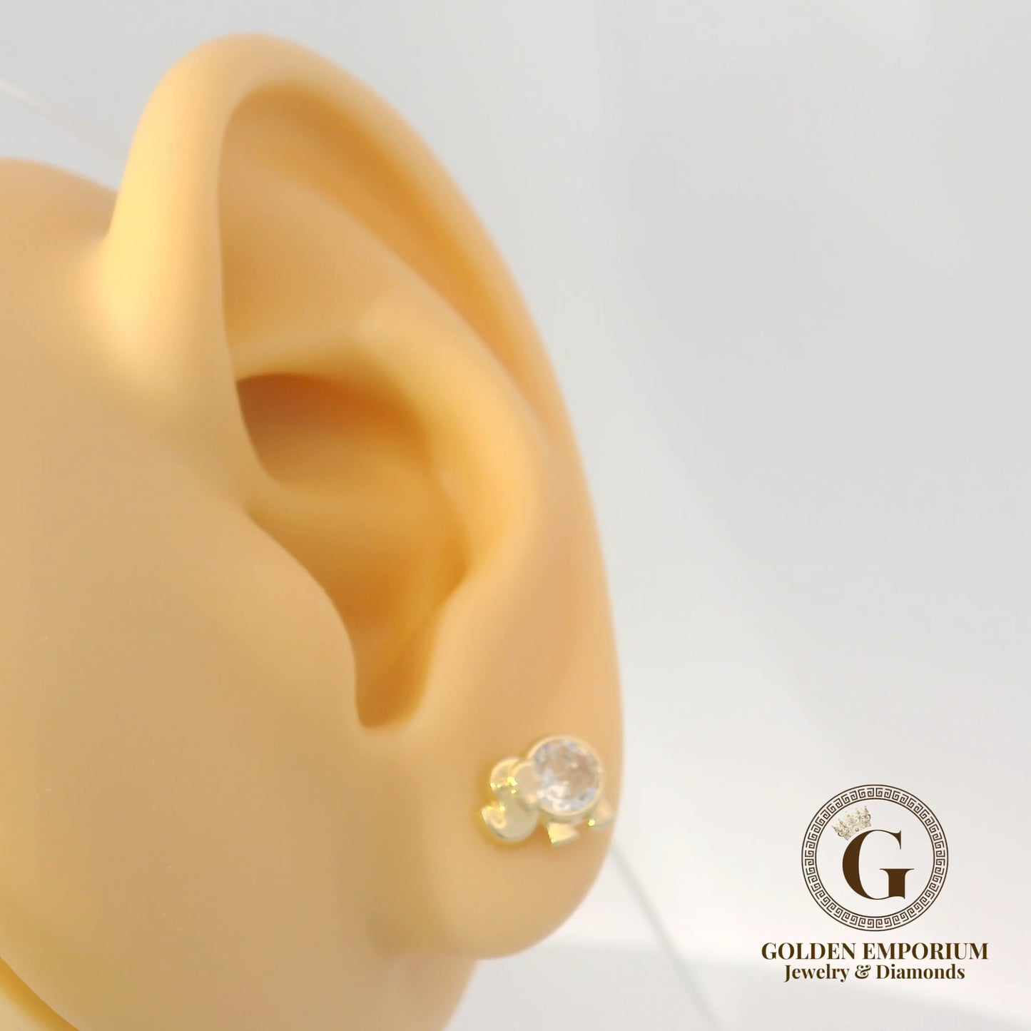 14K Gold Elephant Design Stud Earrings with Sparkling Stone