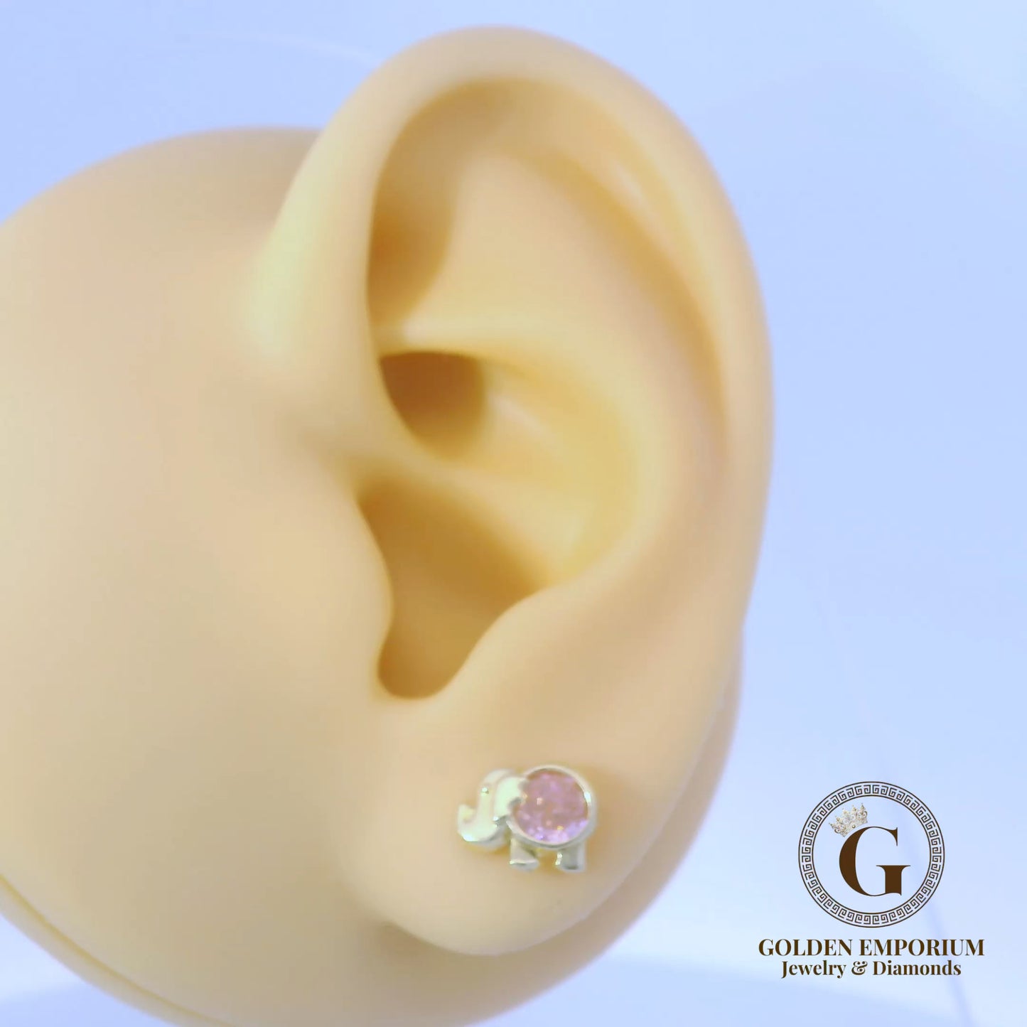 14K Gold Elephant Design Stud Earrings with Pink Stone