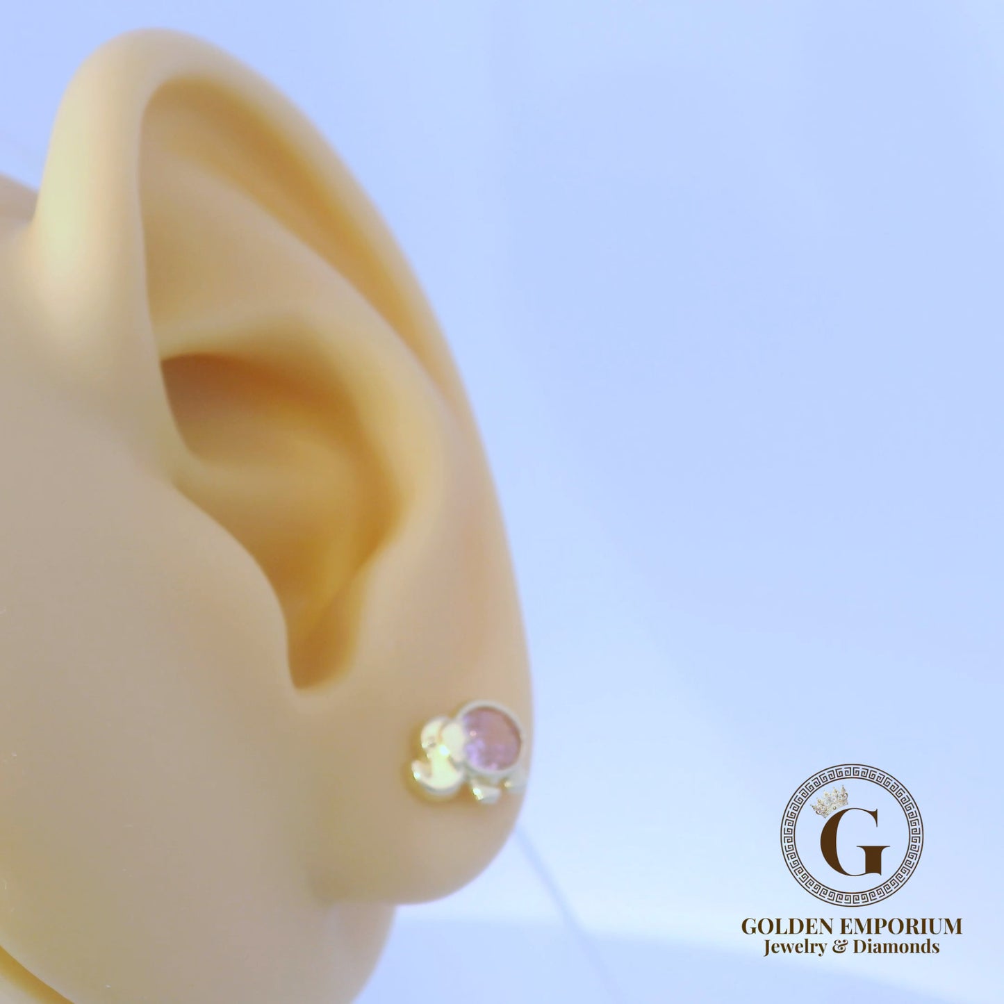 14K Gold Elephant Design Stud Earrings with Pink Stone