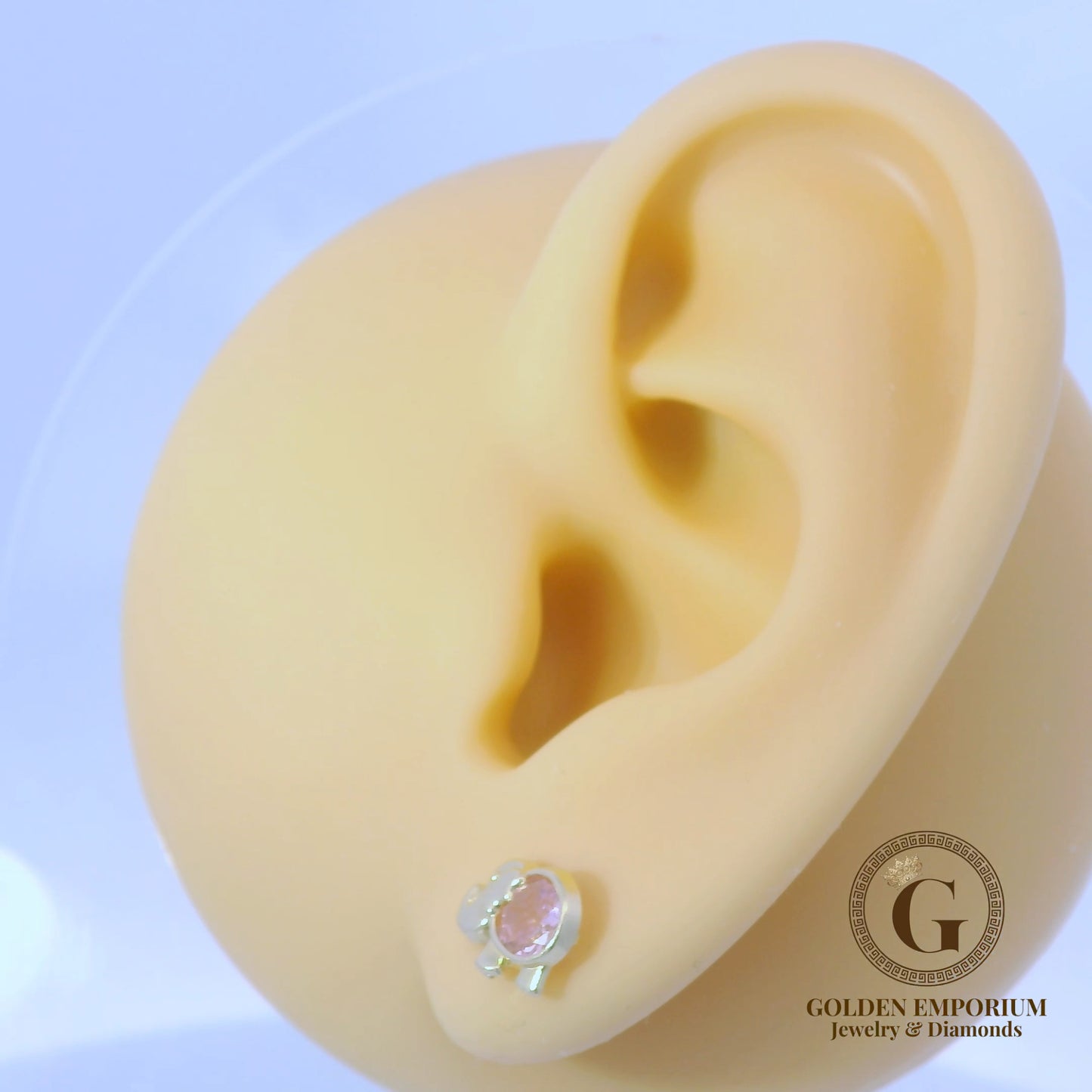 14K Gold Elephant Design Stud Earrings with Pink Stone