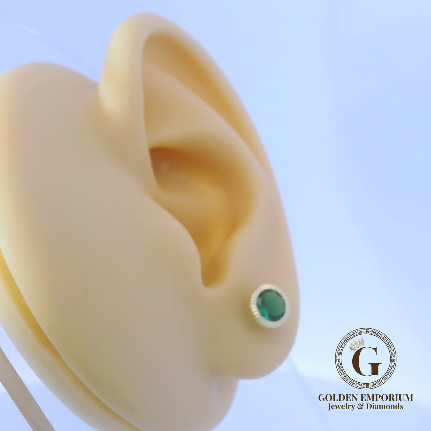 14K Gold Halo Design Green Stone Stud Earrings