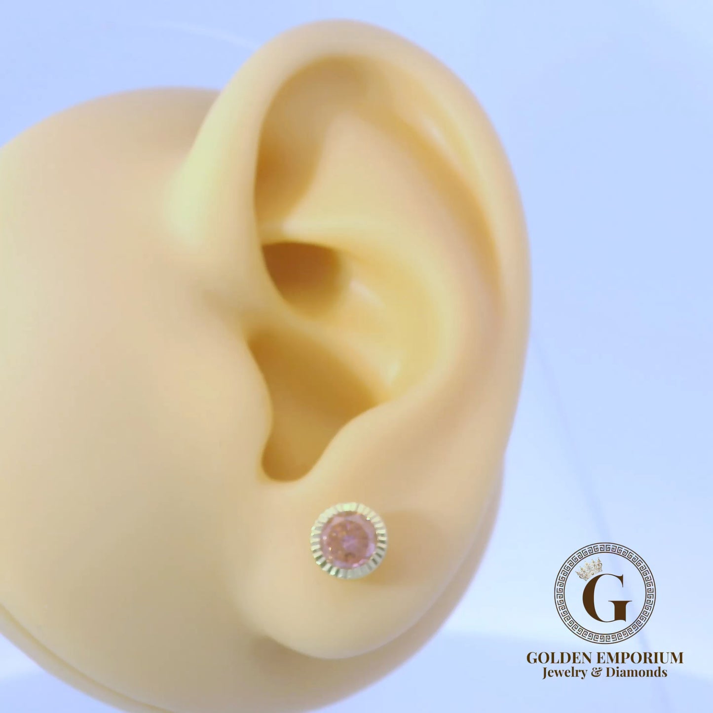 14K Gold Halo Design Light Pink Stone Stud Earrings