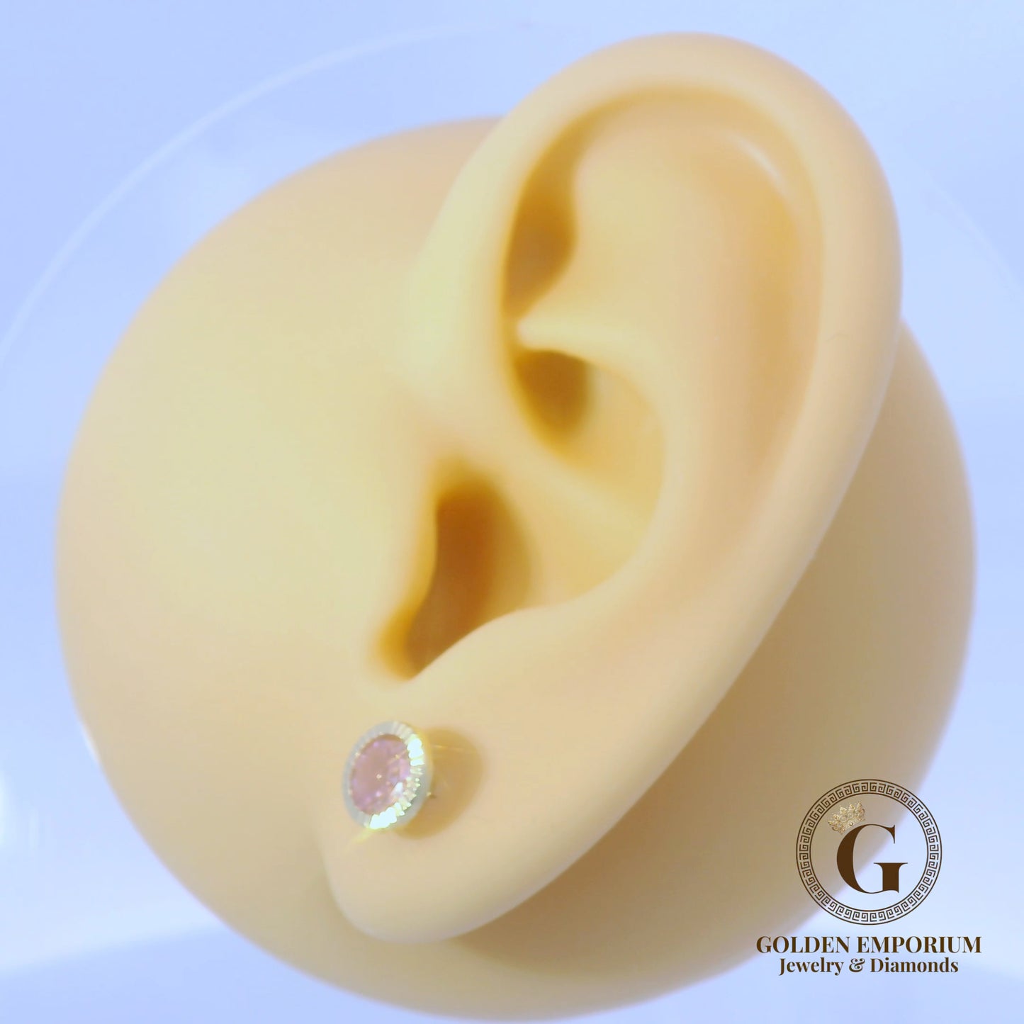 14K Gold Halo Design Light Pink Stone Stud Earrings