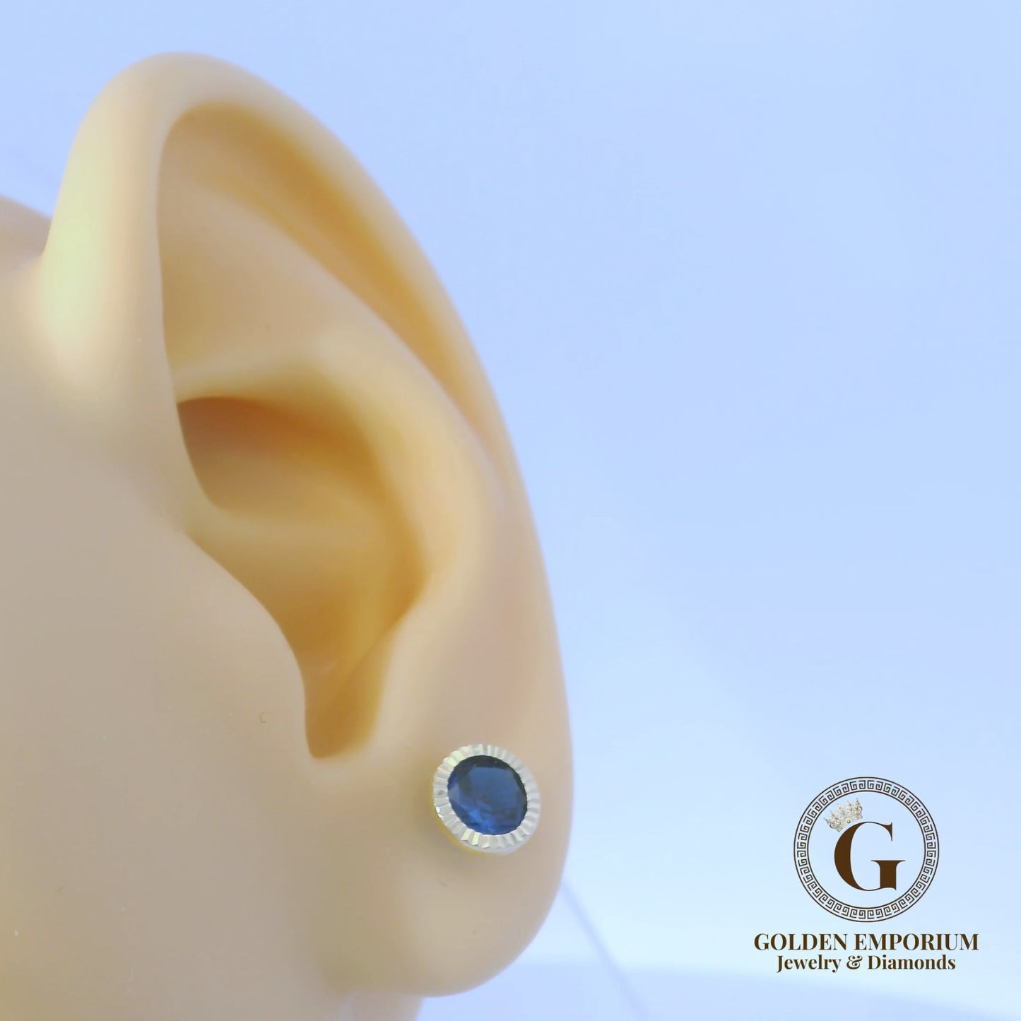14K Gold Halo Design Dark Blue Stone Stud Earrings