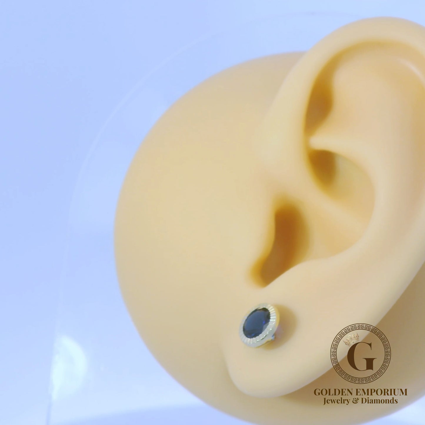 14K Gold Halo Design Dark Blue Stone Stud Earrings