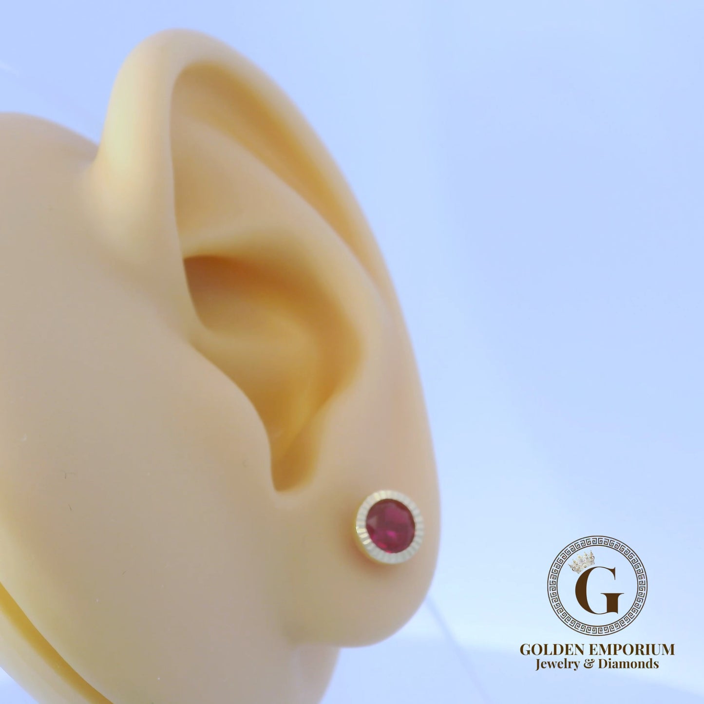 14K Gold Halo Design Ruby Red Stone Stud Earrings
