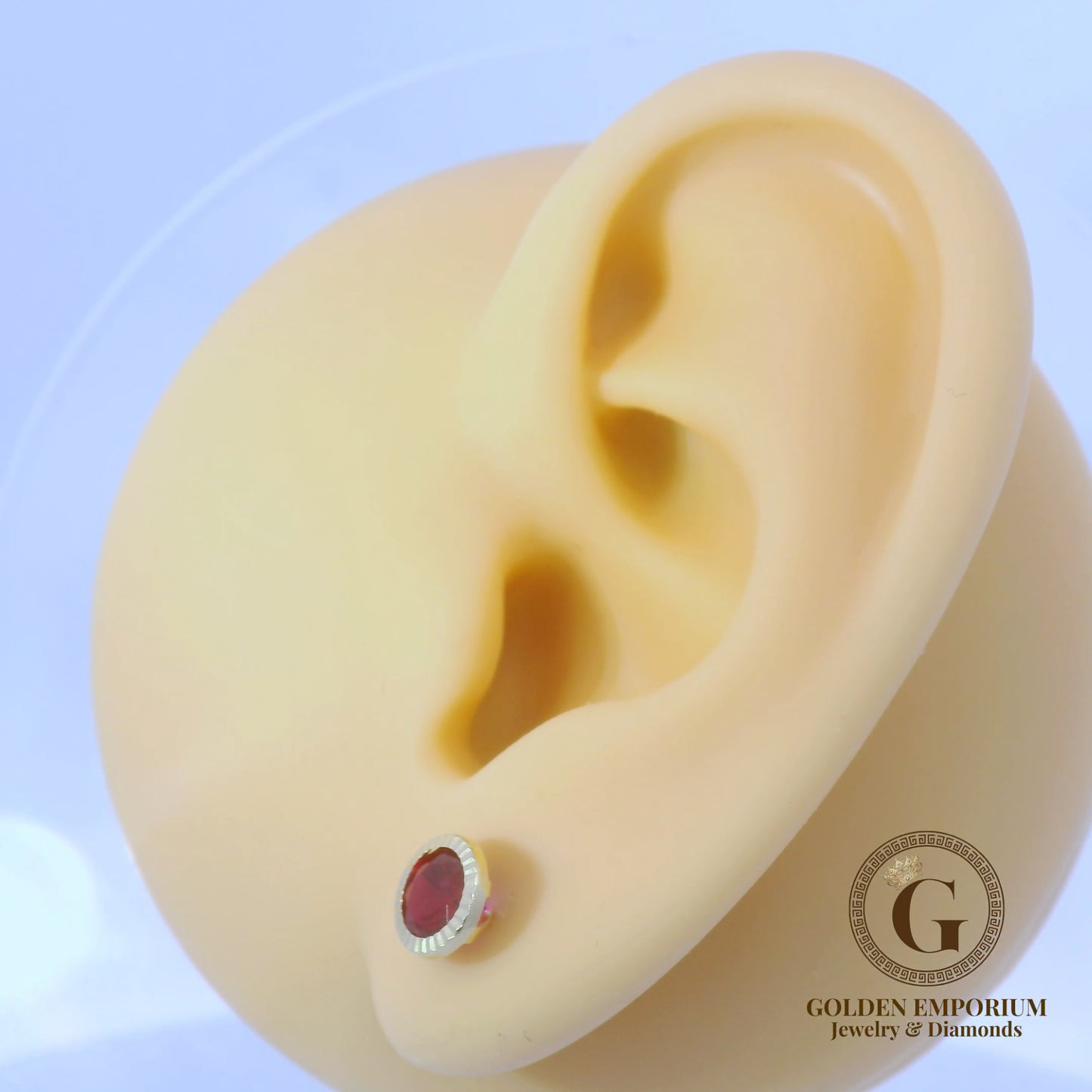 14K Gold Halo Design Ruby Red Stone Stud Earrings