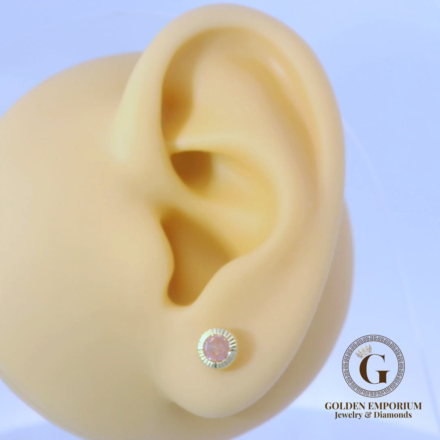 14K Gold Petite Halo Design Soft Pink Stone Stud Earrings