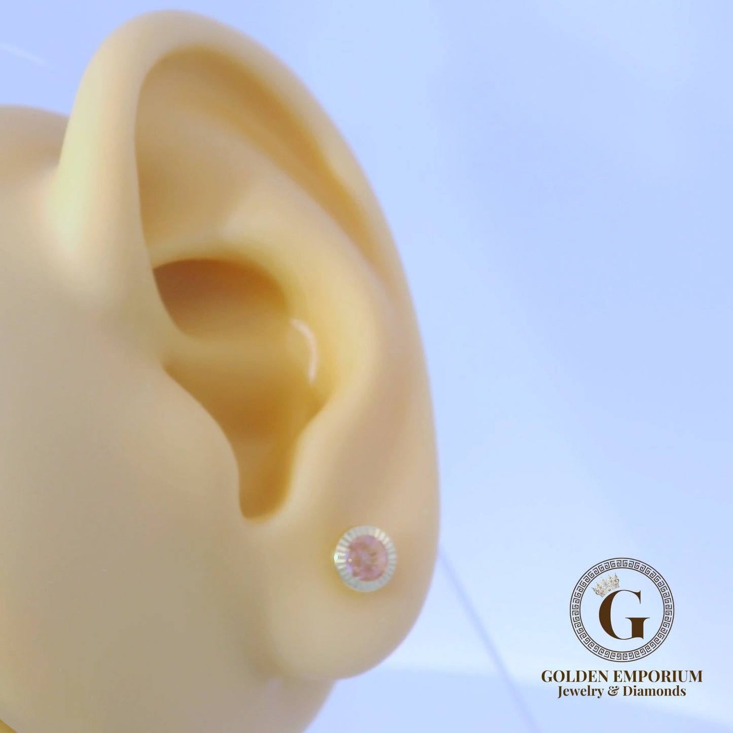 14K Gold Petite Halo Design Soft Pink Stone Stud Earrings