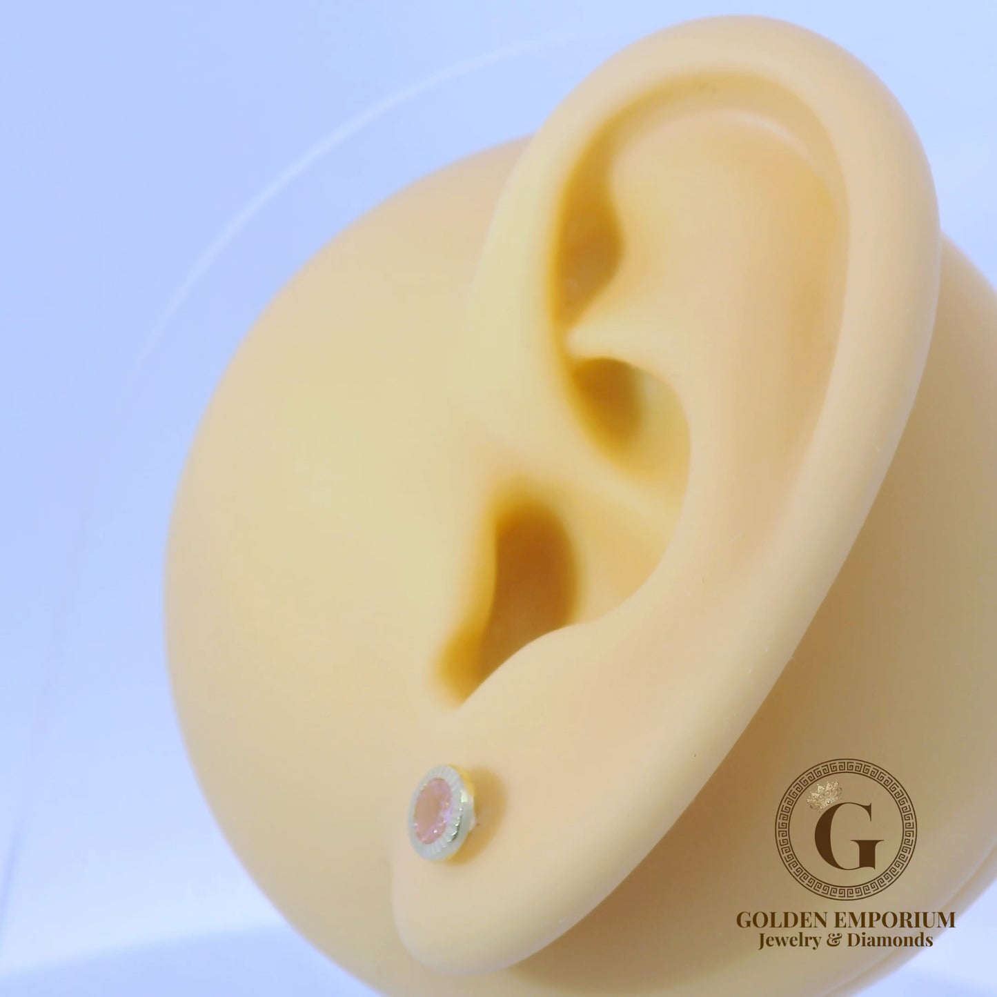 14K Gold Petite Halo Design Soft Pink Stone Stud Earrings