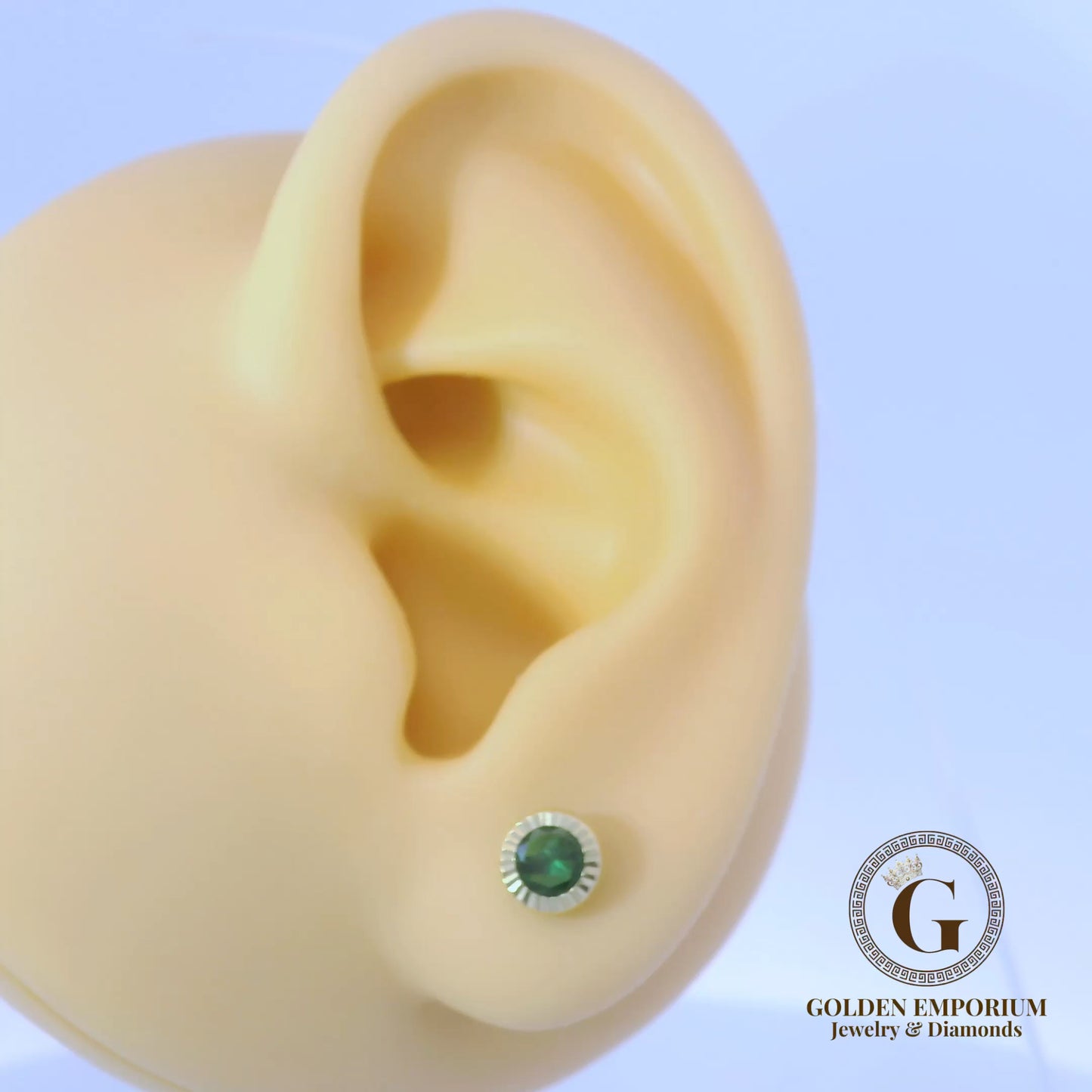 14K Petite Gold Halo Design Green Stone Stud Earrings