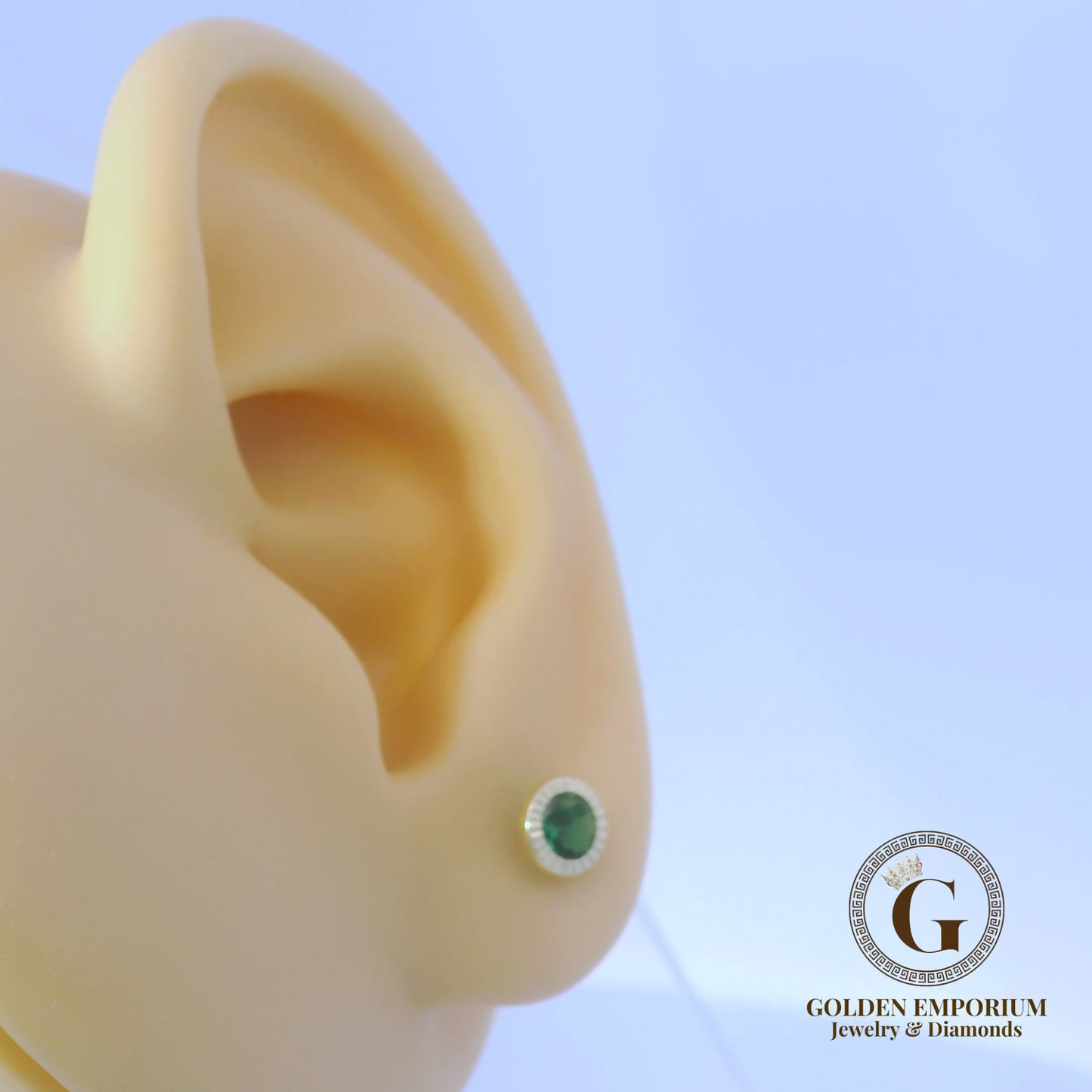 14K Petite Gold Halo Design Green Stone Stud Earrings