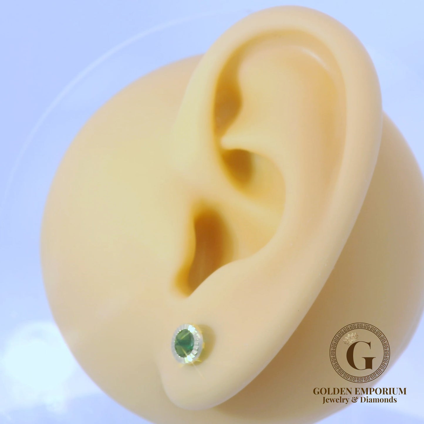 14K Petite Gold Halo Design Green Stone Stud Earrings