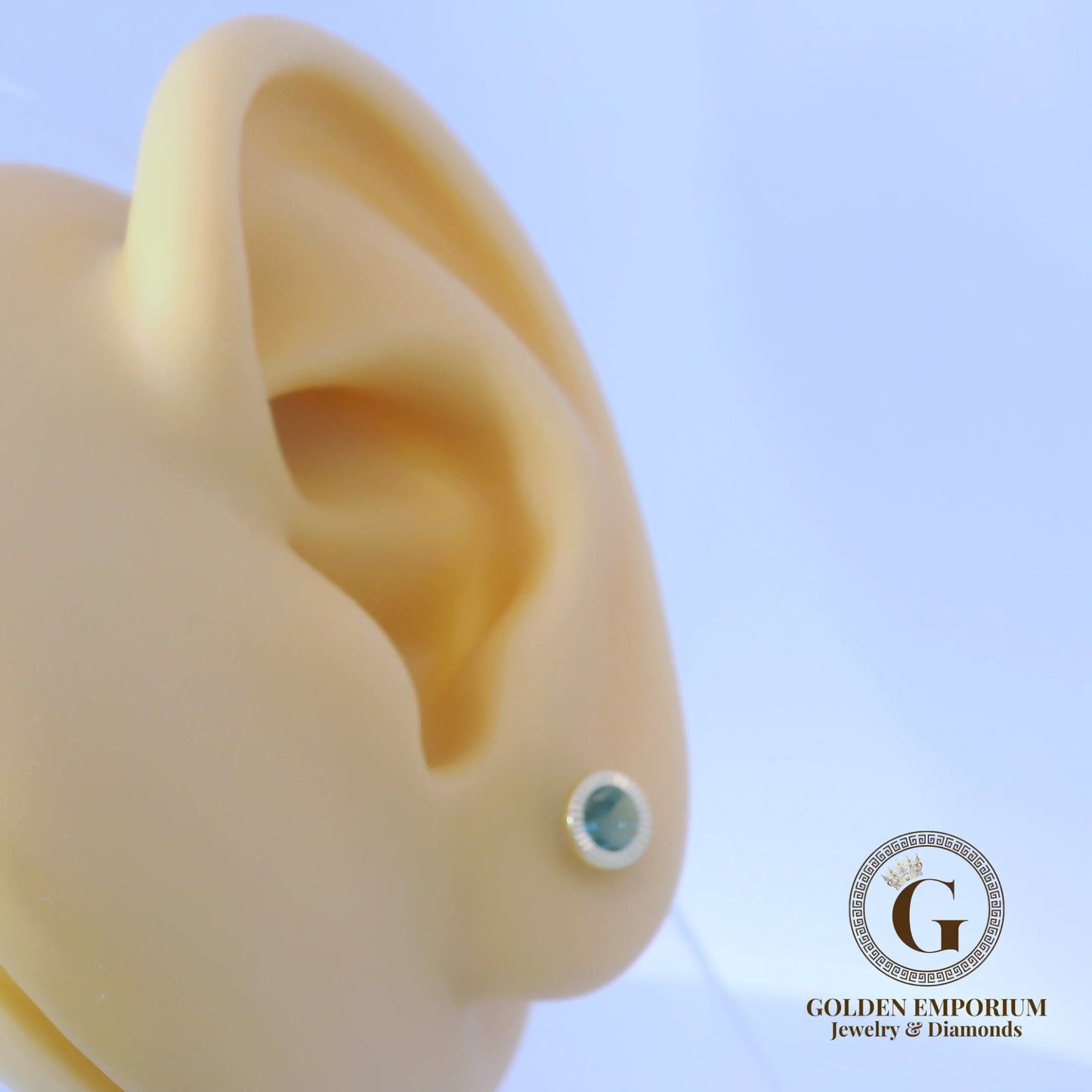 14K Gold Petite Halo Design Aqua Green Stone Stud Earrings