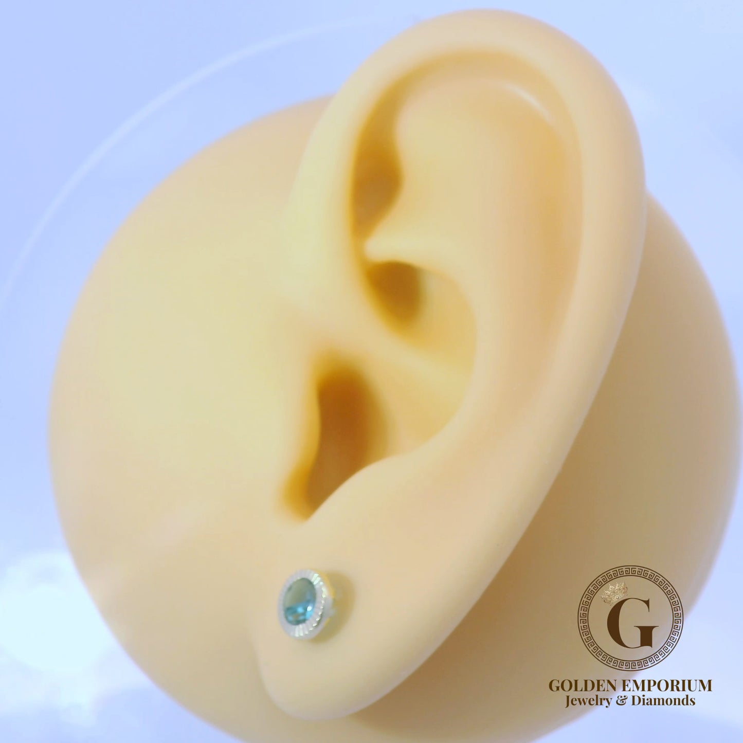 14K Gold Petite Halo Design Aqua Green Stone Stud Earrings