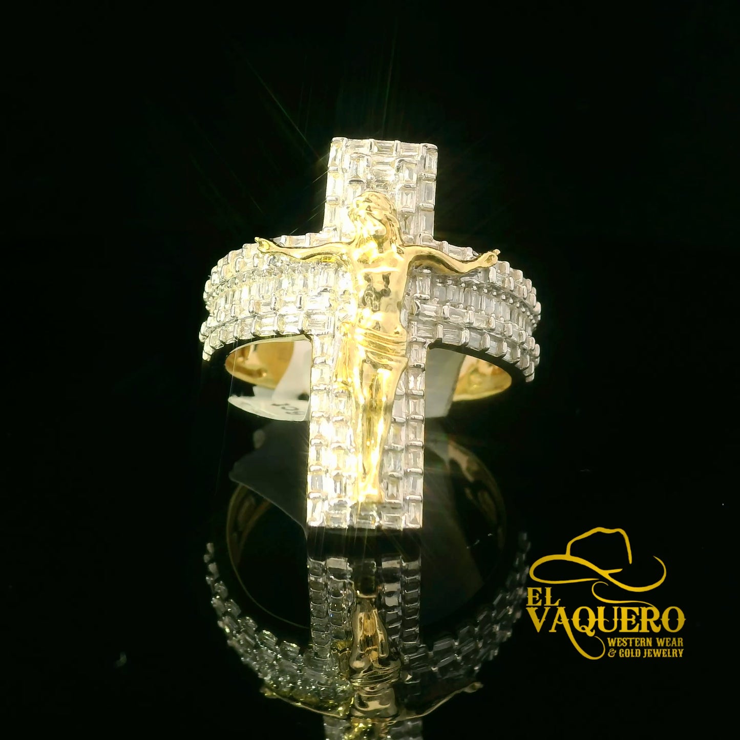 14K Gold Crucifix Ring with Natural Diamonds