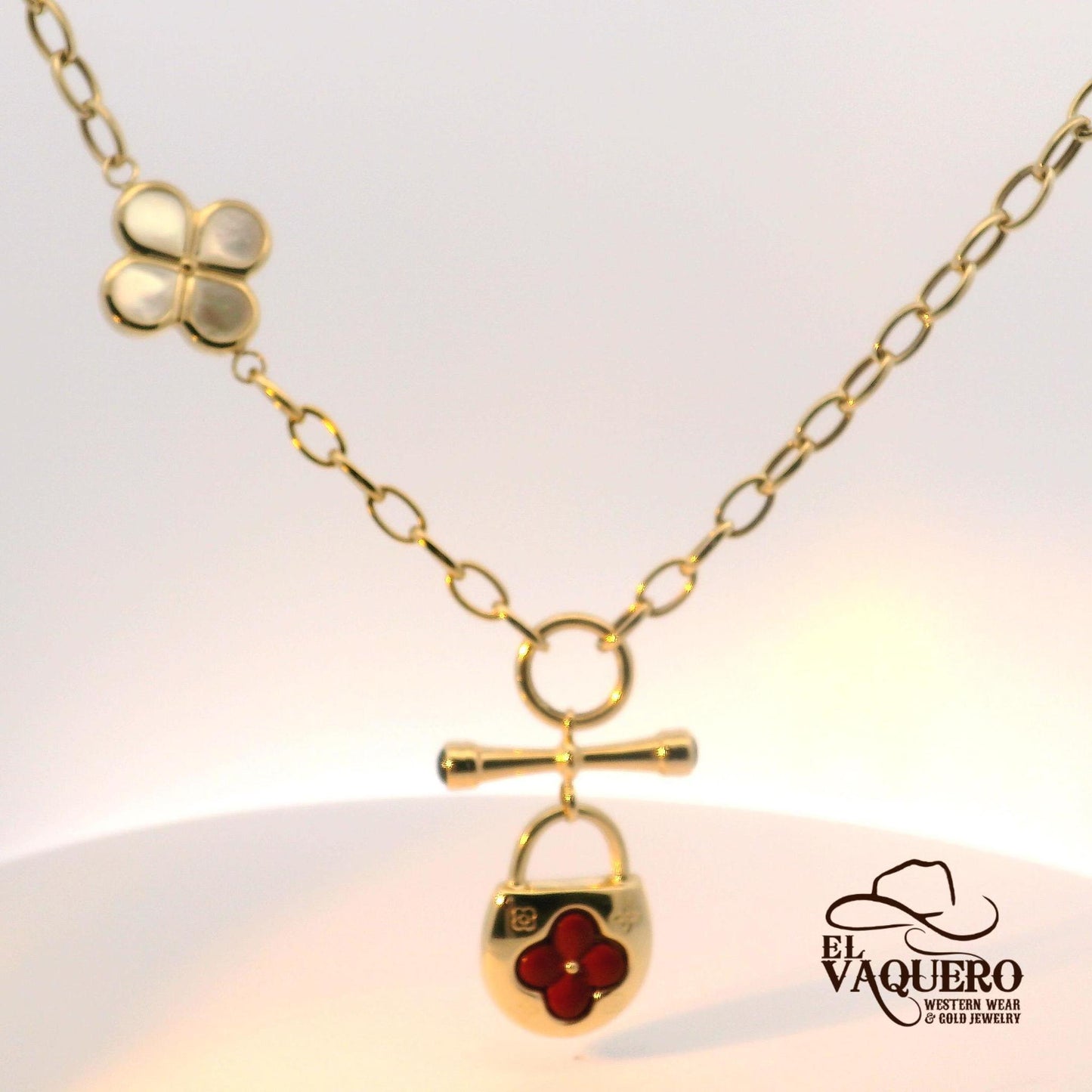 14K Gold Lock Necklace with Mother-of-Pearl Flower