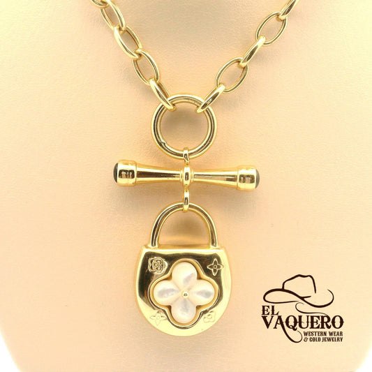 14K Gold Lock Necklace with Mother-of-Pearl Flower