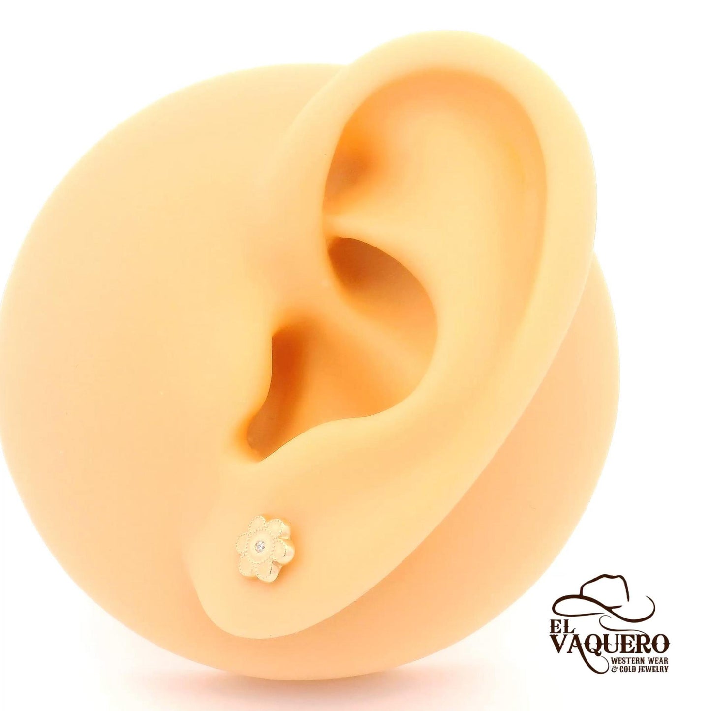 14K Gold Flower Stud Earrings with CZ Center