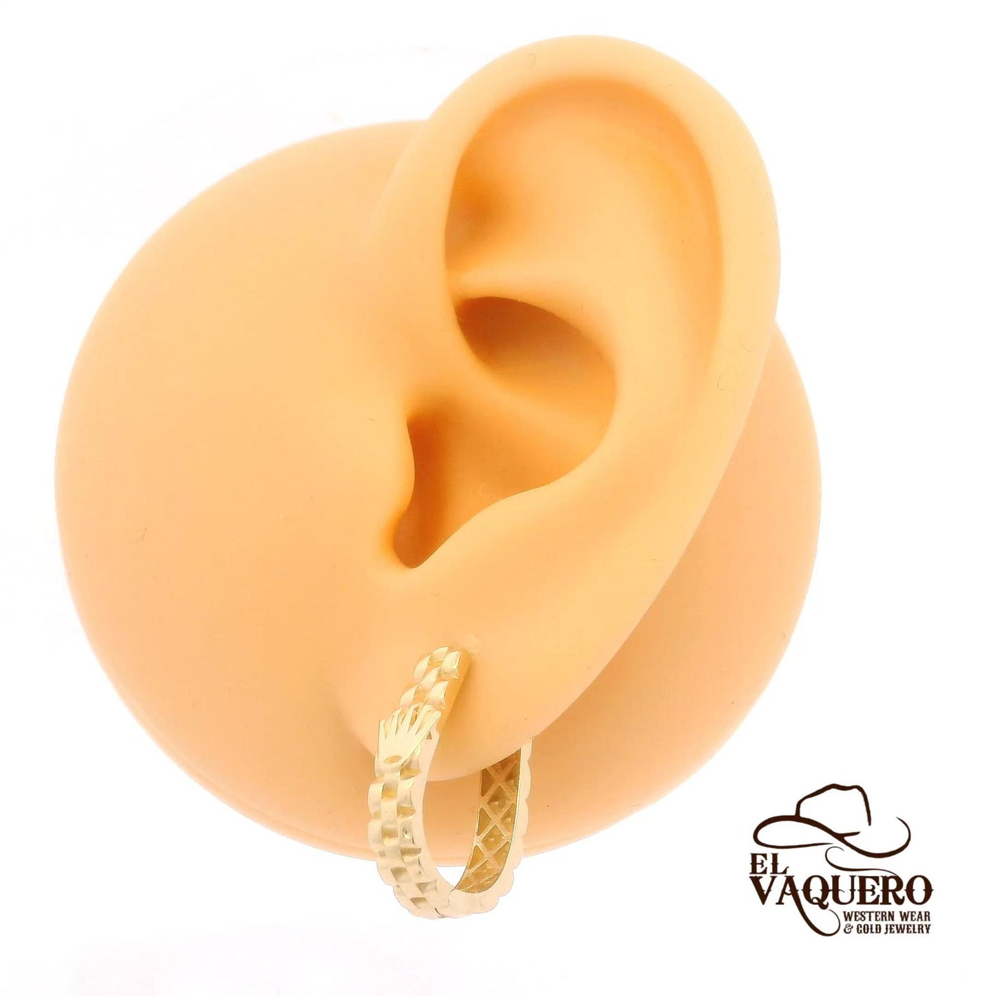 14K Gold Textured Hoop Earrings with Crown Accent