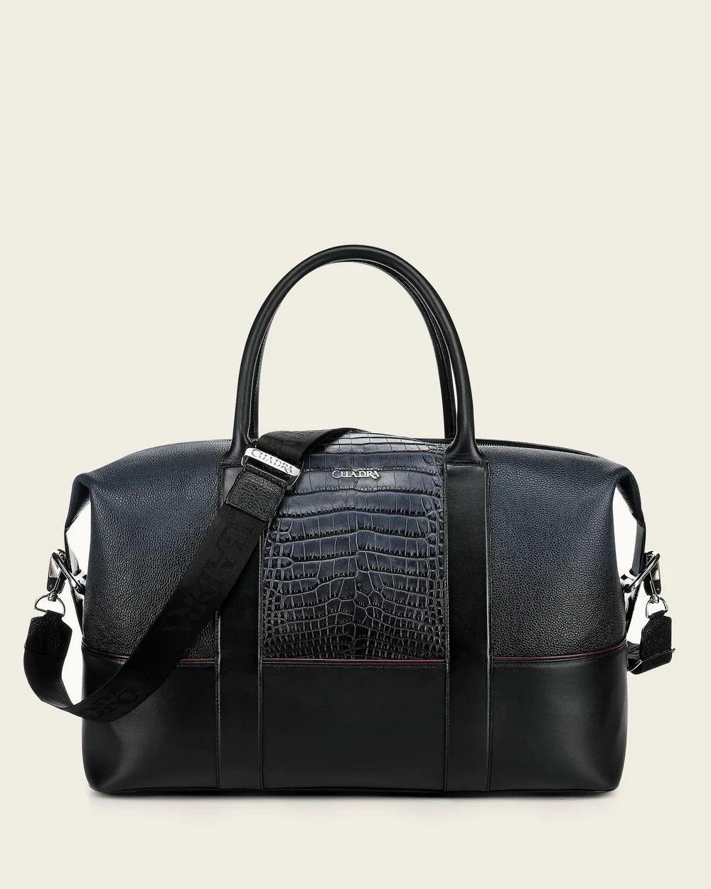 Bluish Black Duffel Bag In Genuine Alligator And Bovine Leather