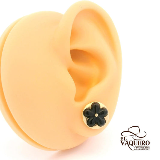 14K Gold Black Flower Stud Earrings