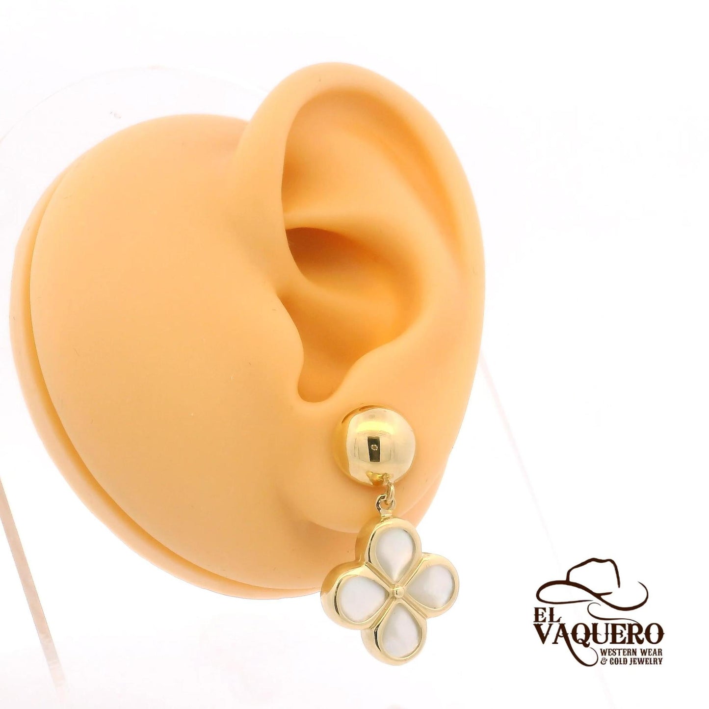 14K Gold Mother Pearl Clover Dangle Earrings