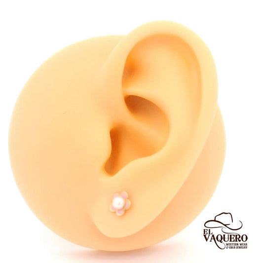 14K Gold Pink Flower Stud with Pearl Center