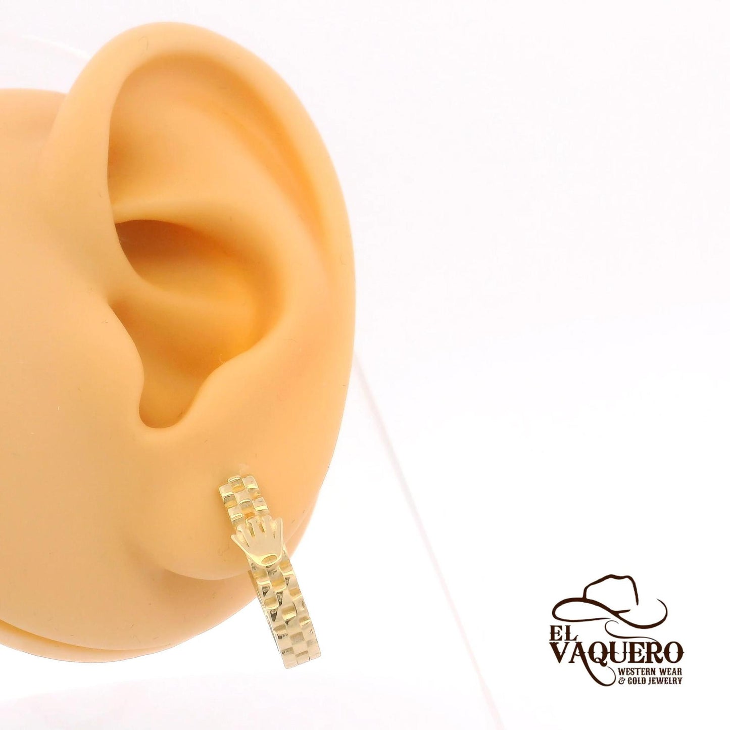 14K Gold Textured Hoop Earrings with Crown Accent