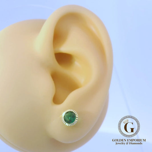 14K Gold Halo Design Green Stone Stud Earrings