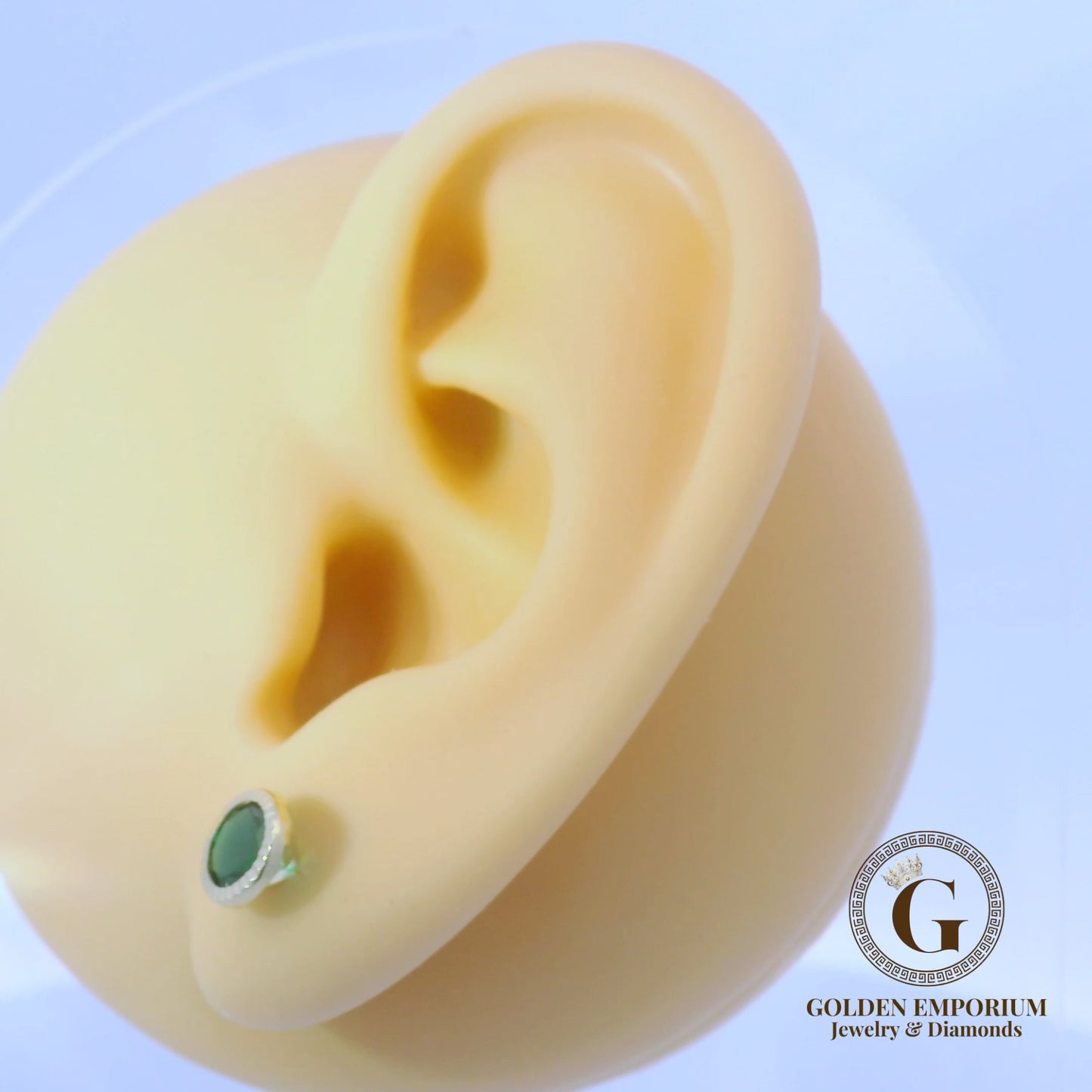 14K Gold Halo Design Green Stone Stud Earrings