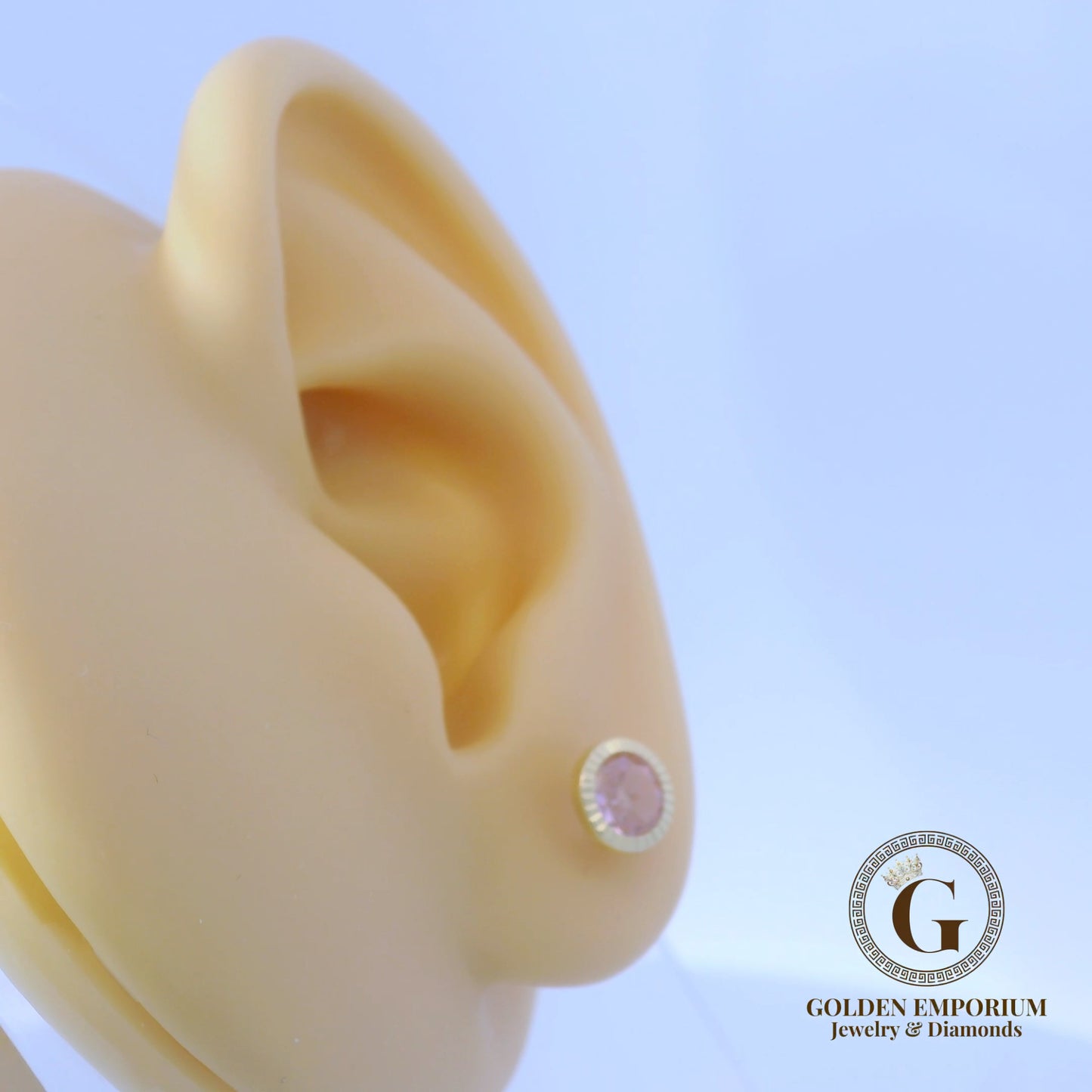 14K Gold Halo Design Light Pink Stone Stud Earrings