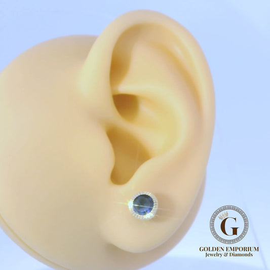 14K Gold Halo Design Dark Blue Stone Stud Earrings