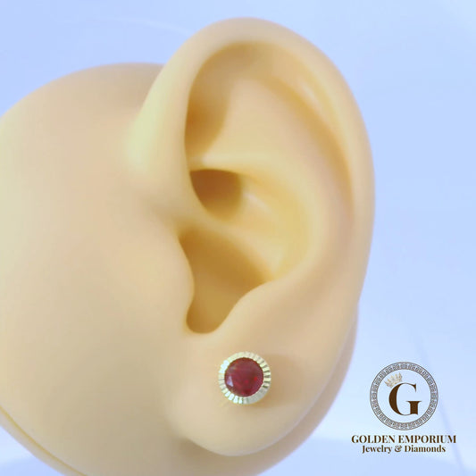 14K Gold Halo Design Ruby Red Stone Stud Earrings