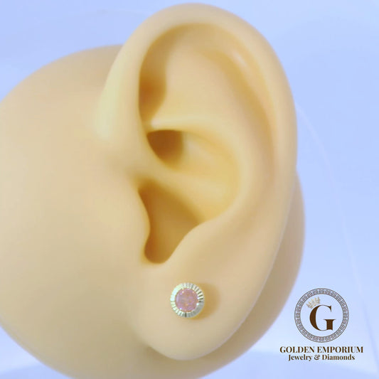 14K Gold Petite Halo Design Soft Pink Stone Stud Earrings