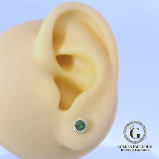 14K Petite Gold Halo Design Green Stone Stud Earrings