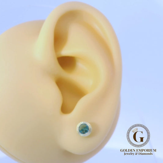 14K Gold Petite Halo Design Aqua Green Stone Stud Earrings
