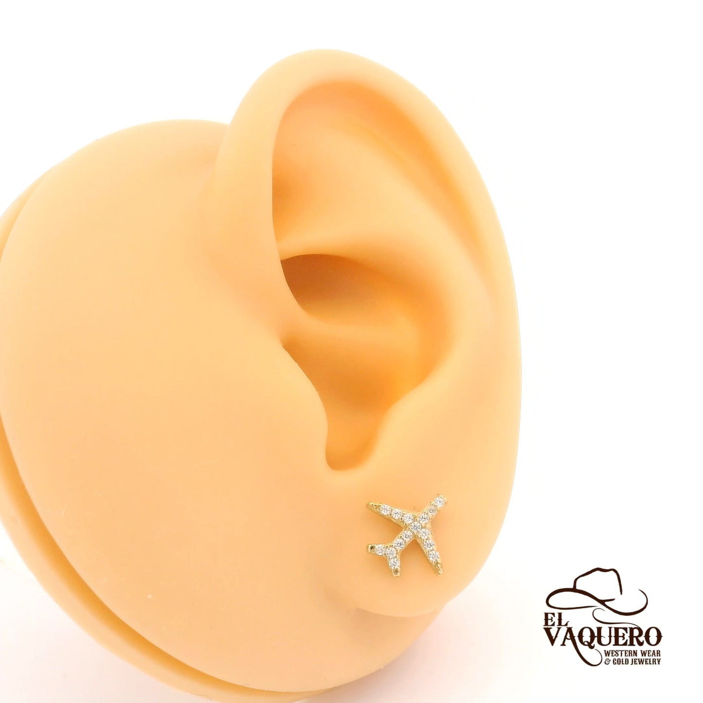 14K Gold CZ Airplane Stud Earrings