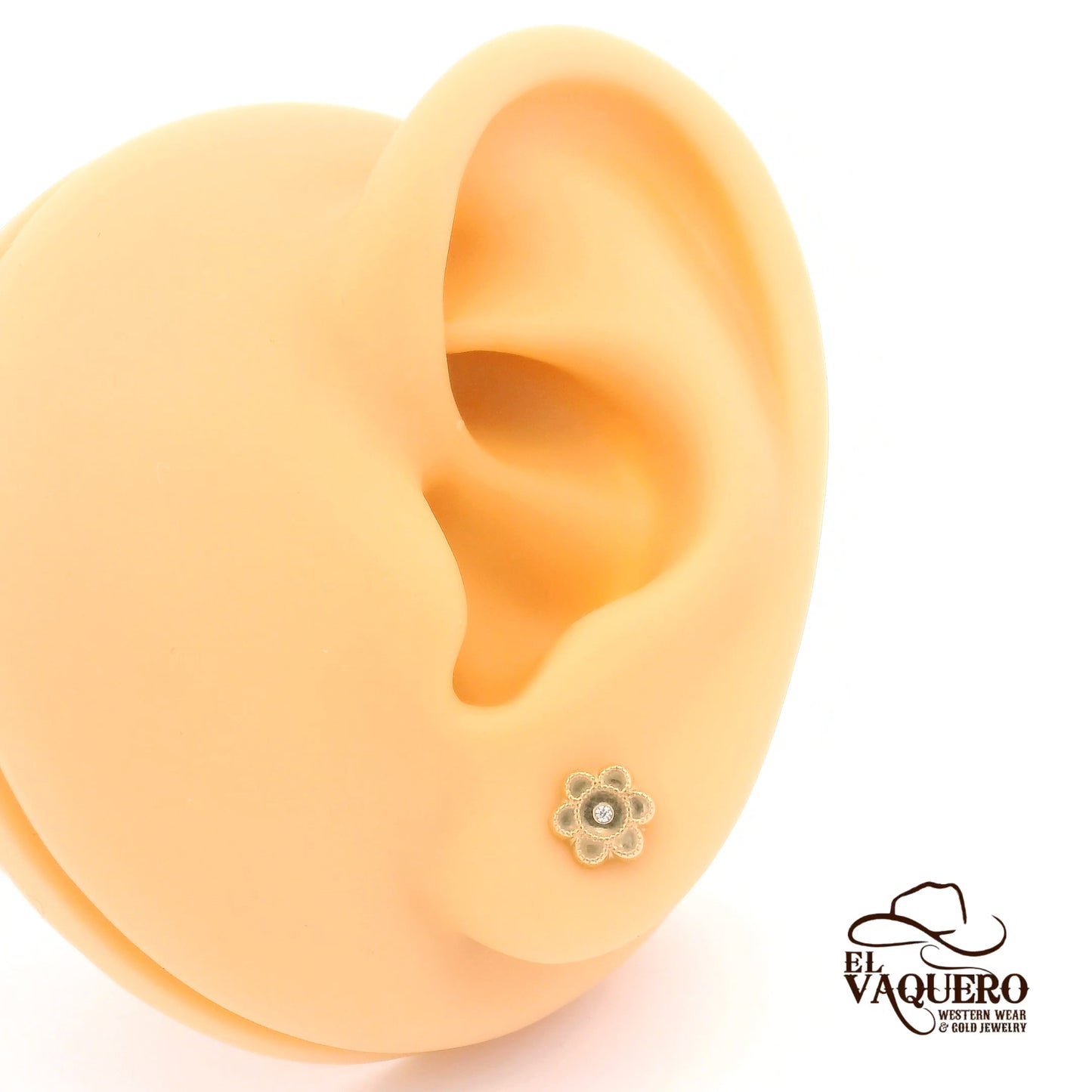 14K Gold Flower Stud Earrings with CZ Center