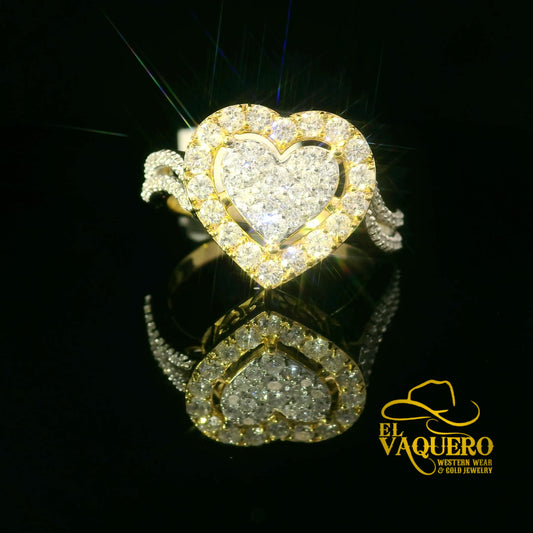 14K Gold Double Heart Halo Natural Diamond Ring