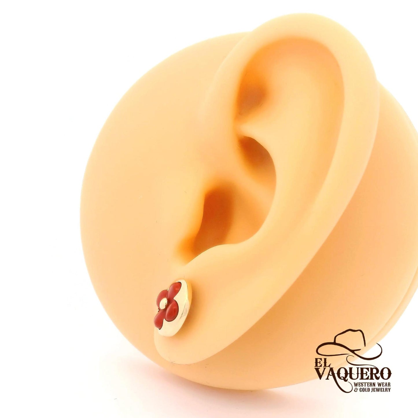 14K Gold Red Flower Stud Earrings