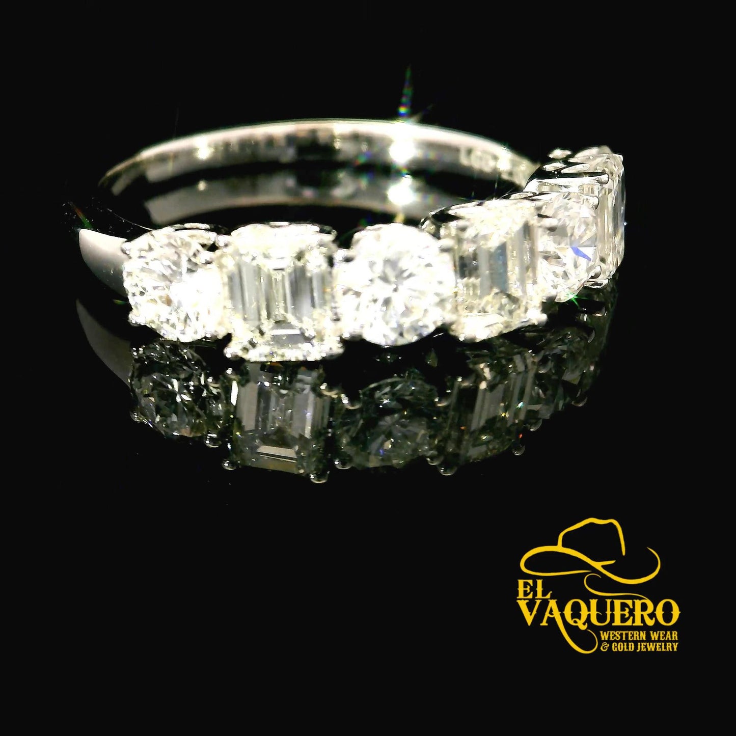 14K White Gold Emerald & Round Cut Band CVD Diamond Engagement Ring