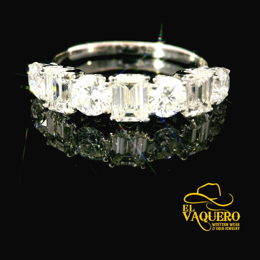 14K White Gold Emerald & Round Cut Band CVD Diamond Engagement Ring