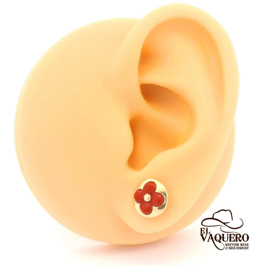 14K Gold Red Flower Stud Earrings