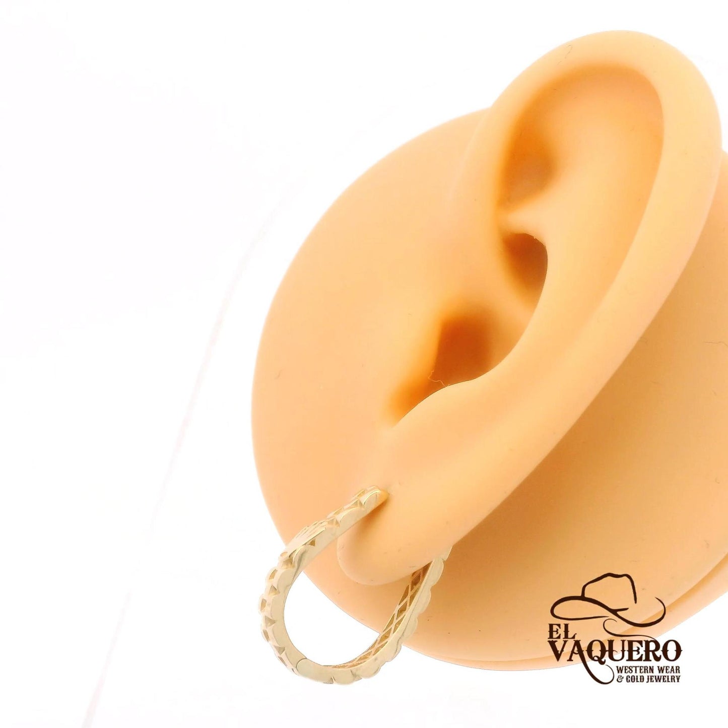14K Gold Textured Hoop Earrings with Crown Accent