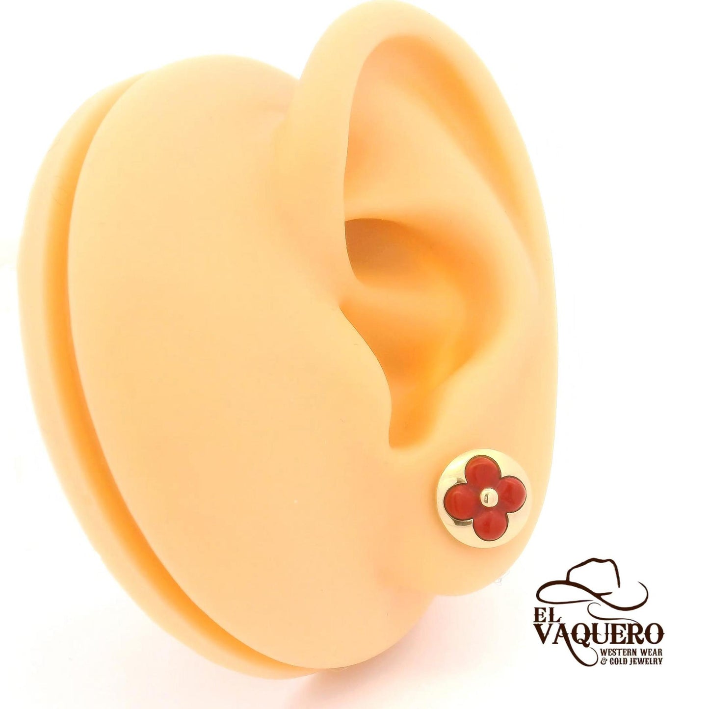 14K Gold Red Flower Stud Earrings